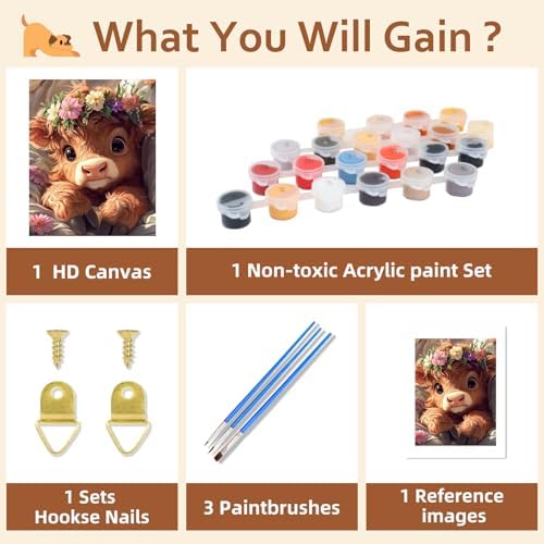 Reivworl Cow Paint by Numbers Kit for Adults Beginners, Highland Cow Paint by Numbers, Adult Paint by Number Kits for Gifts and Wall Decor 16x20 Inch