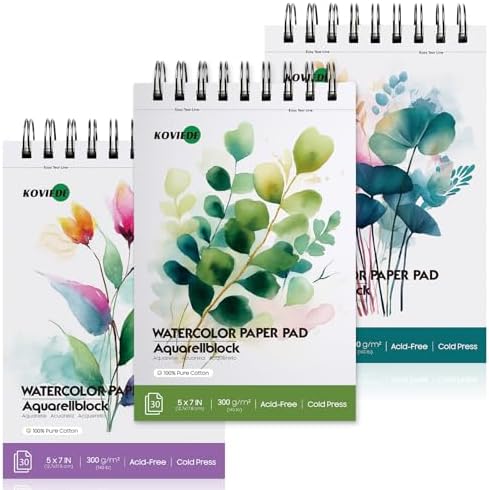 KOVIEDE 100% Cotton Watercolor Paper Pad 5"x7" (3 Pack, 30 Sheets Each) - Cold Press 140lb/300gsm Spiral Bound Watercolor Sketchbook, Artist Quality Art Journal Supplies