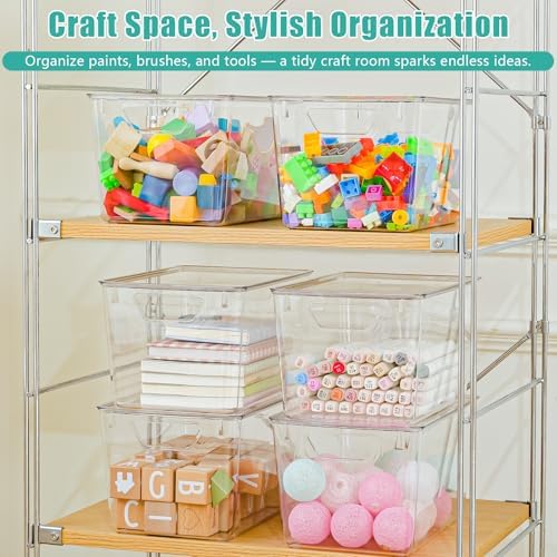 6 Pack Large Clear Storage Bins with Lids, Acrylic Arts and Craft Storage Containers, Stackable Clear Plastic Craft Storage Bins with Handles for Classroom Storage Organization,Kitchen, Fridge, Office