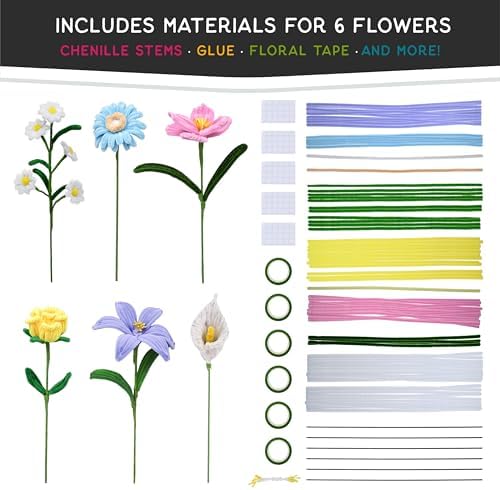 WeVeel Chenille Stem Flower Craft Kit for Adults – Create 6 Colorful Blooms (Lily, Rose, Calla Lily, Tulip, Gerbera & Daisy) – Relaxing DIY Arts & Crafts Kit with All Supplies