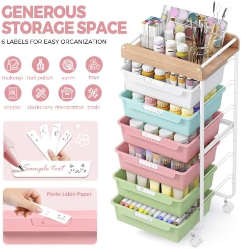 SYKIARIOL Rolling Cart with 6 Drawers,Craft Organizer and Storage,Colorful