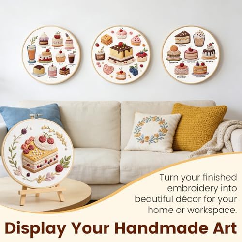 HGEKLIZV Embroidery Kit for Beginners Adults – 4Pcs Pre-Printed Cake & Fruit Patterns, Bamboo Hoop, Threads, Needles, Guide – DIY Hand Embroidery Craft, Home Decor, Gift for Women