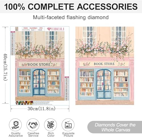 EIBEILI 4-Piece Adult Diamond Art Set, Pink Bookstore Diamond Painting Kit, 5D Diamond Art Kit Bookstore DIY Diamond Dot Book Gemstone Artist Home Wall Decor,12x16 inch