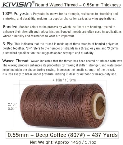 Sturdy Bonded Waxed Polyester Thread, 0.55mm, 437 Yards Wax String Cord - Deep Coffee for Leather, Hand Sewing, Stitching, Bookbinding, Beading, Bracelets and Macrame Jewelry Making