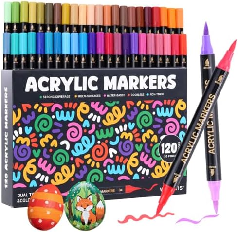 WINSONS 120 Colors Acrylic Paint Marker, Dual Tip and Dual Colors Acrylic Paint Pens for Stone, Wood, Canvas, Ceramic, Metal, Glass, Rock Painting, DIY Crafs Art Supplies (120 Colors)