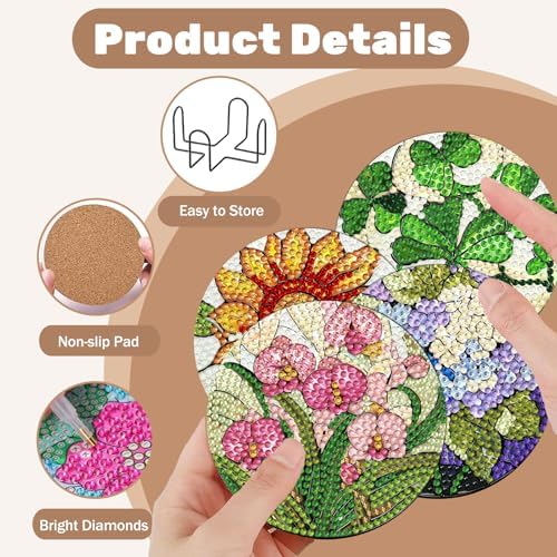 CRZMODE 8 Pcs Stained Glass Flower Diamond Art Coasters Kits, Diamond Painting Coasters
