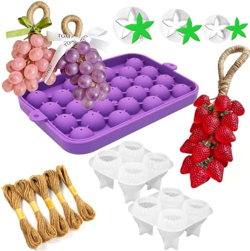 3D Strawberry Grapes Soap Mold, 3 Pcs Grape Strawberry Soap Making Silicone Molds with 5Pcs Jute Ropes 3 Pcs Leaf Cutters for Soap DIY Gift