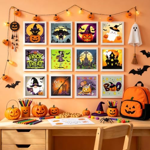 12 Packs Pre Drawn Canvas to Paint, Pre Printed Canvas for Painting, Pre Stretched Canvas Outline Painting Boards for Beginners, Students, Party Favors(4 * 4in) (Halloween)