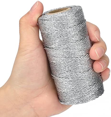 jijAcraft 328 Feet Silver String Twine - 1.5mm Metallic Ornament Thread Gift Wrapping - Inelastic Macrame Glitter Gold Cord for Gift Wrapping, DIY Crafts, Bracelets