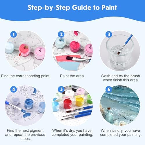 NEWENMO 4 Pack Paint by Numbers Kit for Kids Beginner with Wooden Frame, Lighthouse, Beach, Paint by Numbers Kit for Adults, Coastal Landscape, DIY Painting Kits for Home Wall Decor 8x10 inch