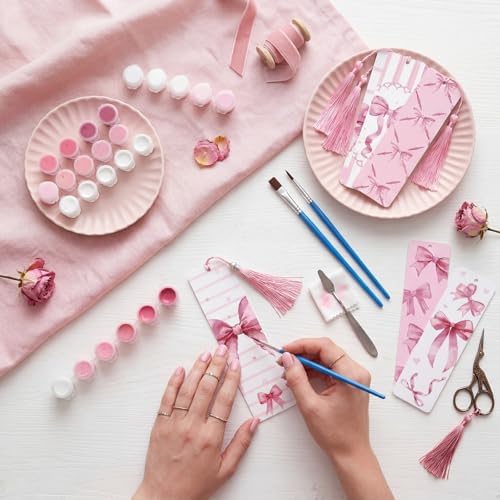 Kosiz 12 Pcs Pink Bow Paint by Number Kit for Adult Wood Bookmark | Mini Paint by Numbers Kit, Painting Decor, Tiny Tassels Blank Bookmarks, for Small DIY Craft Book Lovers Gift 7x2 ''