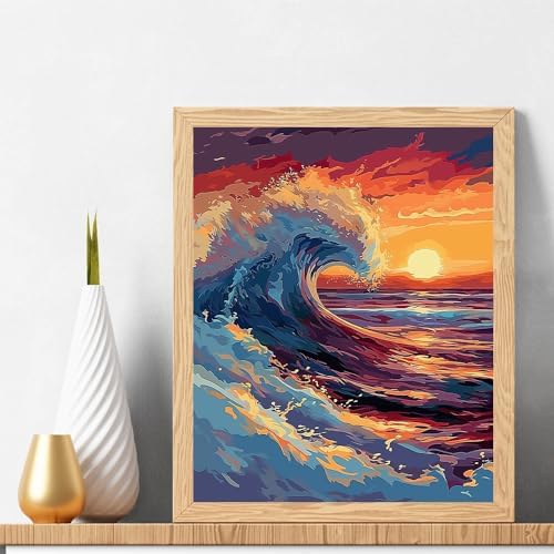 Natuyalo Paint by Numbers for Adults - DIY Adult Paint by Number Kits Painting on Canvas Sea Wave Painting by Numbers for Beginners, Sunset Seascape Art Craft Kits for Adults (16x20 Inch)