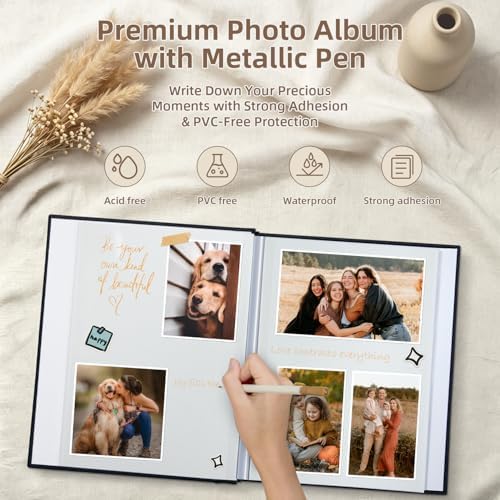 Popotop Photo Album Self Adhesive with Picture Display Window,40 Pages DIY Scrapbooking Supplies Kit for 4x6 10x12 Picture,Linen Cover Memory Book for Baby Wedding, with Scraper and Metallic Pen