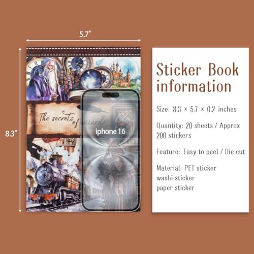 Pre-Cut Magic Sticker Book for Junk Journal, 20 Sheets Wizard Sticker Vintage Ephemera PET Washi Paper Materials for Scrapbooking, Journaling, Collage