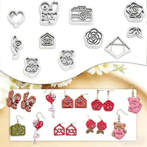 11 Pcs Valentine's Day Polymer Clay Cutters Set - Rose, Love & Heart Bear Imprint Cutters for Polymer Clay Jewelry Making, Fit Gift for Friends, Sisters & Minimalist Style Lovers