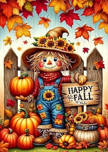 Happy Fall Scarecrow Diamond Painting Kits for Adults, 5D Pumpkin Diamond Art Kits for Adults Beginners, DIY Full Round Drill Diamond Dot Painting Gem Art Kits for Adult,Home Wall Decor 11.8x15.7 Inch