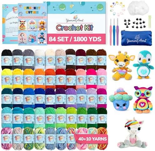 YammiAmi 1,800 Yards Beginner Crochet Kit for Adults – 84 Pc Amigurumi Crochet Kit for Starters with 50 Skeins Yarn, Accessories Set, Ergonomic Hooks, Instruction Book to Learn Crocheting