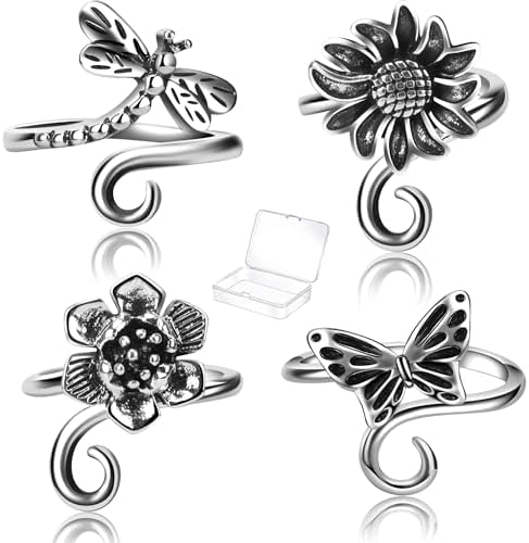 4 PCS Crochet Rings for Fingers Butterfly Flower Sunflower Dragonfly Yarn Tension Ring Knitting Accessories Crochet Gifts for Crocheters