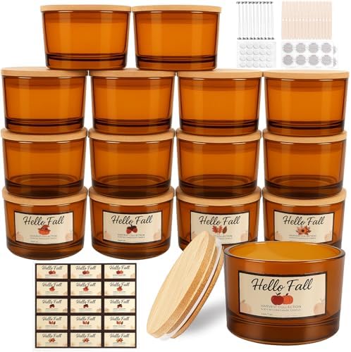CONNOO 15 Pack 4oz Amber Glass Candle Jars with Airtight Bamboo Lids