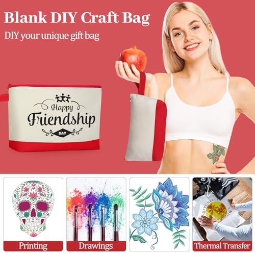 Silkfly 15 Pcs Cotton Canvas Makeup Bags Cosmetic Zipper Bags 10.2 x 5.5 x 2'' Blank DIY Pouch Bulk Pencil Case with Bottom Travel Toiletry Pouch for Women Craft Decor Gift (Beige and Red)