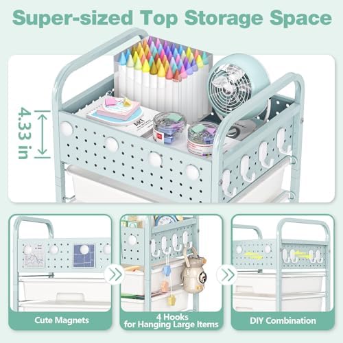 5 Drawer Rolling Storage Cart with Pegboard Top and Hooks, Green