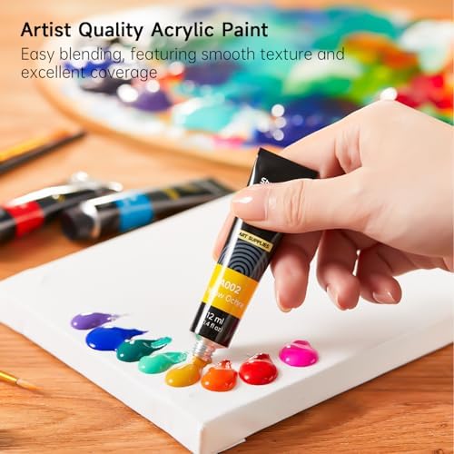 47 Pack Acrylic Paint Set, Shuttle Art 15 Colours (12ml Each, 2Pack) Acrylic Paint with 10 Brushes Painting Canvas Knife Palette Sponge, Complete Gift Set for Kids, Adults Painting Canvas, Ceramic