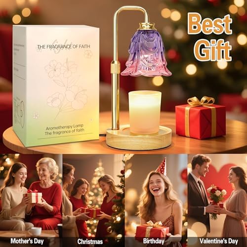XJZJY Lavender Flower Candle Warmer Lamp with Timer, Elegant Home Decor | Dimmable wax melt warmer with 2 bulbs for jar candles, height adjustable, lavender tulip design, home decor gifts