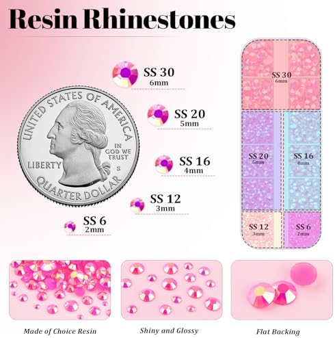 Resin Rhinestones for Crafting with 3Pcs 10ml B7000 Jewelry Glue, 1 Box Hot Pink AB Flatback Gems Crystals Diamond for Bedazzling Crafts DIY Nail Art Makeup, Gems for Clothing Tumblers Shoes
