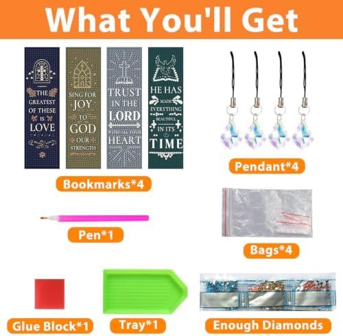 Mandun 4 Pcs Inspirational Diamond Painting Bookmark Kits, Special Shaped Diamond Art Bookmarks with Pendant, DIY Inspirational Diamond Art Bookmarks with Tassels Crafts Gifts Supplies