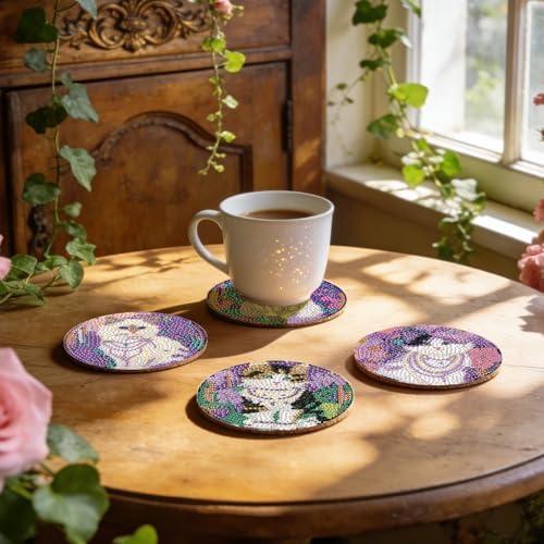 Leatrice Small Diamond Art Coasters Set Diamond Painting Kits for Adults Cat Diamond Dots Coasters Beginners Women Gem Art Coasters with Holder Funny Crafts Supplies for DIY Home Decor