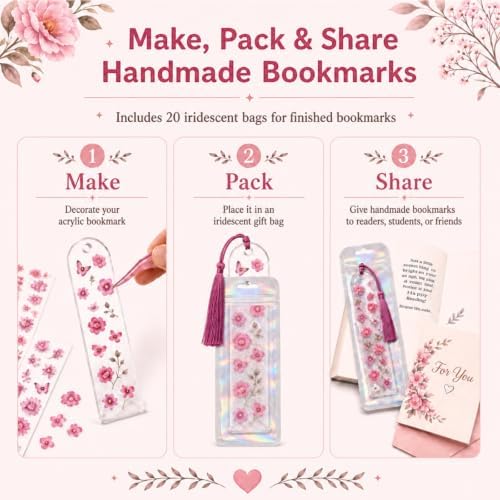 DIY Bookmark Making Kit, 20 Clear Acrylic Bookmark Blanks 5.9 x 2 in with PET Floral Bookmark Stickers, Tassels, Ribbons, Gift Bags, Bookish Gifts for Book Lovers, Book Club Crafts, Readers