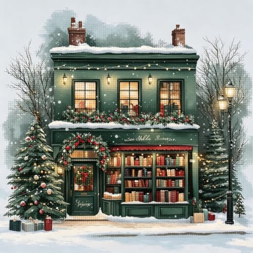 KYOQFVN Christmas House Cross Stitch Kit, 11CT Pre-Printed Stamped Cross Stitch Kits for Beginners, Easy Needlepoint Embroidery Counted Crosstitch Art Craft for Wall Decoration 14x14inch