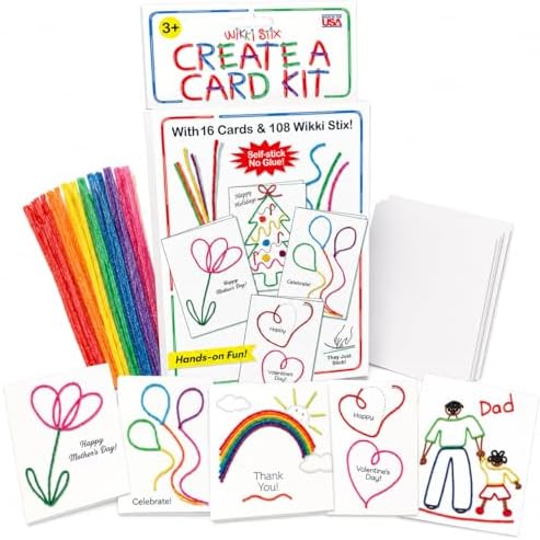 Wikki Stix Create-A-Card Kit, Kids Greeting Card Craft Kit with 108 16 Cards, Make Handmade Birthday, Holiday, Thank You, Valentine, Mother’s Day & Father’s Day Cards, Mess-Free Craft.
