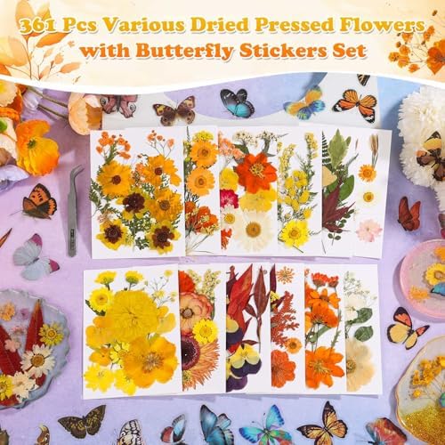 361 Pcs Fall Dried Pressed Flowers Butterfly Stickers for Resin Crafts