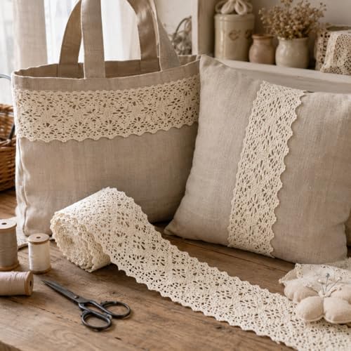 Beige Lace Ribbon 8 Yards Crochet Lace Trim Extra Wide Cotton Sewing for Crafts, Gift Package Wrapping, Bridal Wedding Decoration, Scrapbooking Supplies