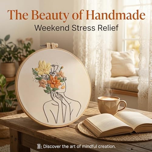 Harimau Adult Beginner Embroidery Starter Kit, Complete Set with 4 Patterns, 2 Hoops, Needles, Scissors, Instruction Guide & Stitching Video Tutorials