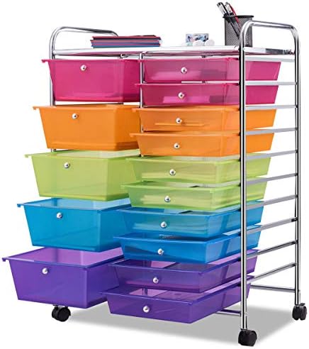 Giantex 15 Drawer Rolling Storage Cart Tools Scrapbook Paper Office School Organizer, Multicolor
