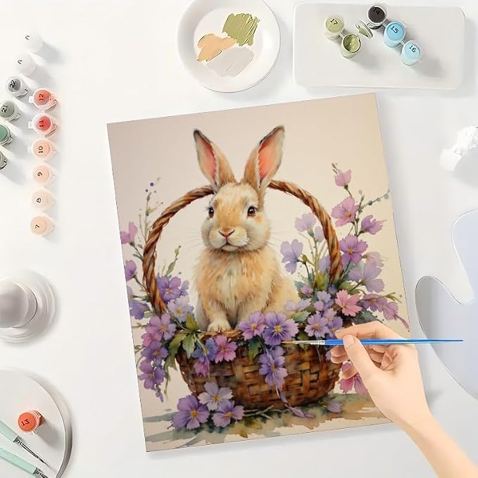 Animal Paint by Numbers Kit for Adults - DIY Bunny in Flower Basket Painting on Canvas 16x20In, Acrylic Paint Set, Suitable for Beginners, Art for Home Decoration or Gifts