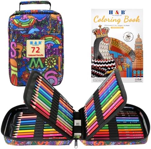H & B 72PCS Colored Pencils for Adults with Coloring Book, Soft Core Oil-Based Drawing Pencils for Adult Coloring, Professional Art Supplies with Zipper Case for Artists