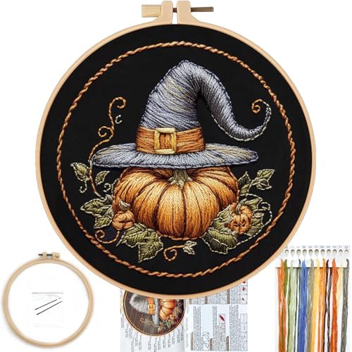 FONNUY Pumpkin Embroidery Kit for Beginners, Pre-Stamped Pattern Kits for Adults with Hoop, Easy to Follow Color Thread Needlework, 8'' Hoop (Witch Hat 1)