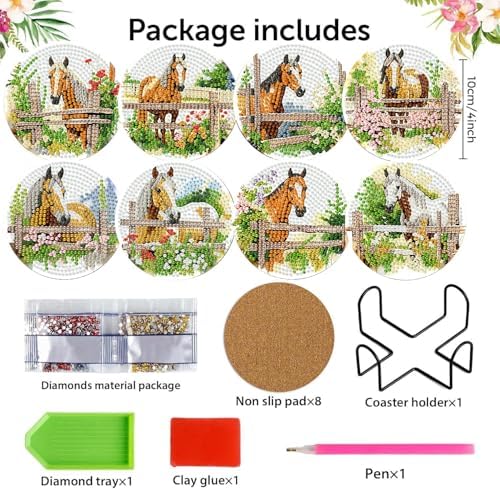 Zythron 8 Pack Horse Diamond Art Coasters,Diamond Painting Coasters Kits