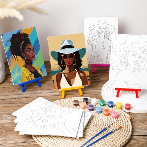 Blosssound 10 Set Pre Printed Canvas Pre Drawn Canvas Painting with Easel Kits 5" x 7" Outline Painting Panels for Beginners, DIY Craft Project, Home Decors(Black Women)