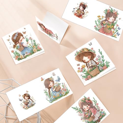 6pcs Diamond Art Painting Kit Greeting Card, Flower Picking Flower Garden 5D DIY Diamond Handmade Holiday Greeting Card with Envelope, Holiday Gift Congratulation
