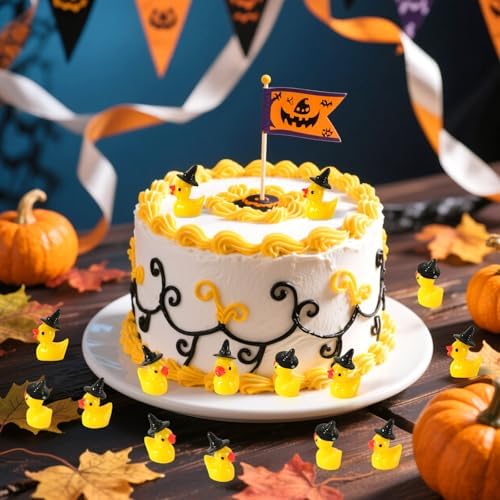 JUNEBRUSHS 50 Pcs Halloween Mini Resin Duck, Tiny Witch Ducks Miniature Witch Hat Duck Figurine for Halloween Crafts Home Table Decorations