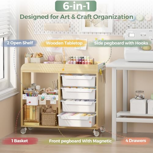 SYKIARIOL Craft Organizers and Art Supply Storage, Art Cart, Classic White | Rolling Cart with 4 Drawers & Metal Pegboard, Cute Macaron Color Magnets for Craft Room, Office, Classroom