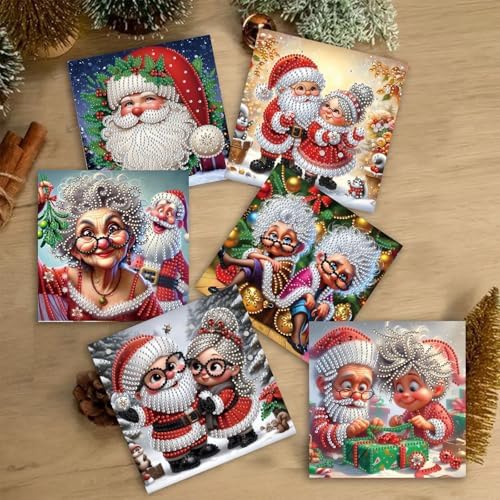 6Pcs Christmas Greeting Card DIY Diamond Art Painting Greeting Cards Blessing Folding Card Kit with White Envelopes Diamond Arts Crafts for Birthday Festival Gift-Santa Claus01