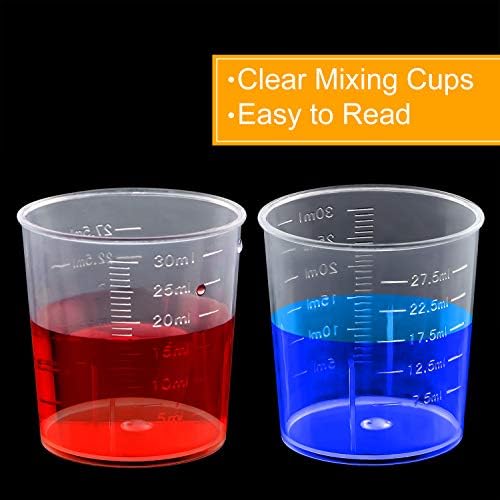 Coopay 50 Pack 30ml/1oz Plastic Graduated Cups Transparent Scale Clear Epoxy Mixing Cup with 100 Pack Wooden Stirring Sticks for Resin, Epoxy, Stain, Mixing Paint