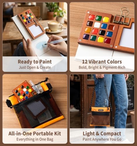 Mini Watercolor Paint Set, All-in-One 12-Color Travel Watercolor Set