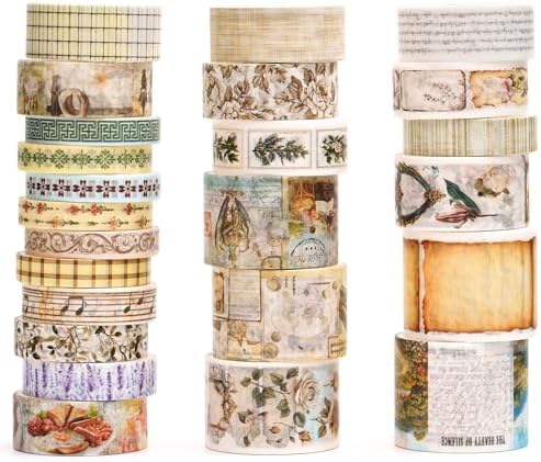 Vintage Washi Tape Set - 24 Rolls Arts Adhesive Tapes Assorted Retro Decorative Masking Tape Sets for Craft, Kids, Scrapbook, DIY, Gift Wrapping (6-Timeless Notes)