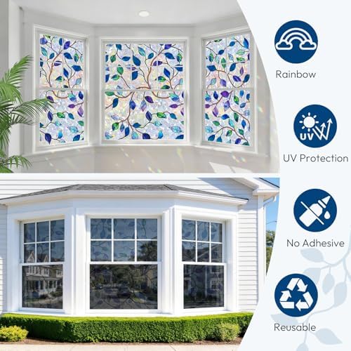 rabbitgoo Window Privacy Film Rainbow, Purple Blue Leaf, 23.6" x 157.4"